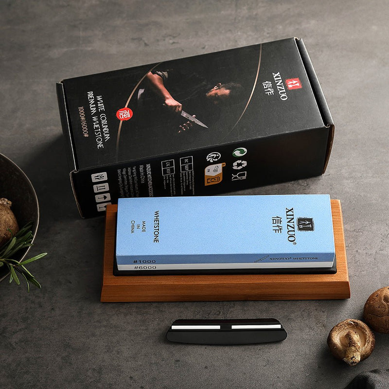 Xinzuo 1000/6000 grit combination whetstone with bamboo base for sharpening kitchen knives, sold in Australia with free shipping over $100