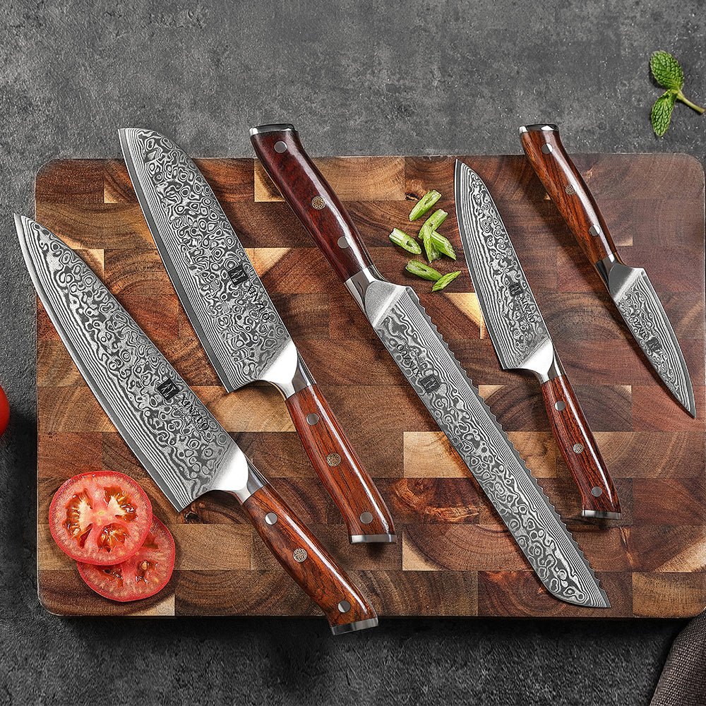 XINZUO Yu Series 5-Piece Damascus Knife Set | Rosewood Handles