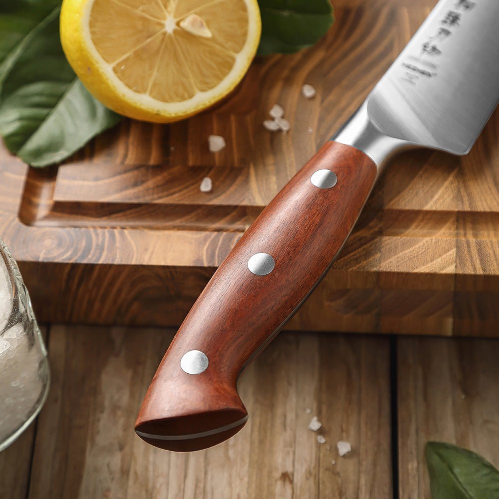 Red wood, hidden tang, S-curve heel