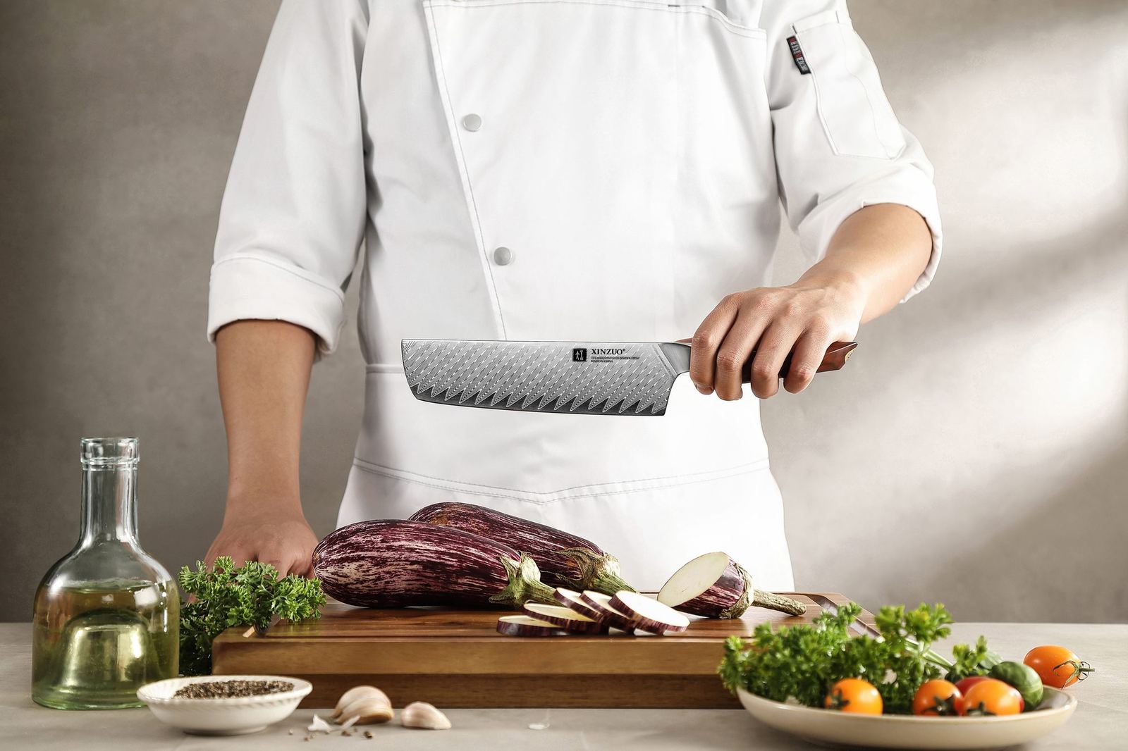 Chef push-cutting radicchio with the X03 Nakiri