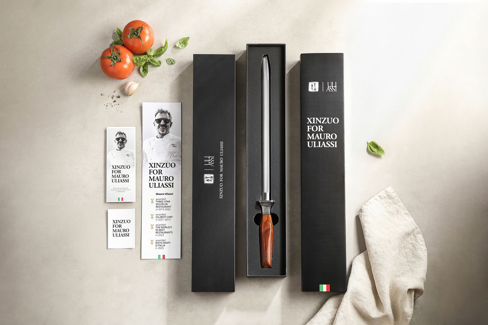 X03 honing rod in its gift box engraved Xinzuo for Mauro Uliassi